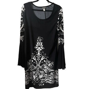Haani Dress Black White Knee Sheath Artsy Print Office Long Flutter Sleeve SZ XL